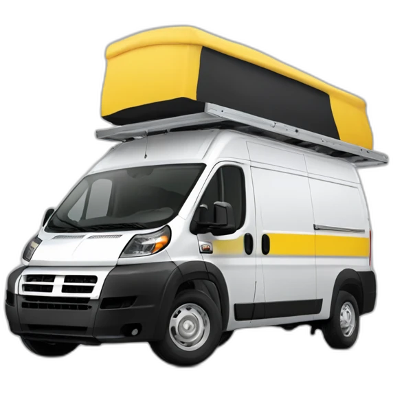 a white promaster van with four yellow stripes and a roof rack emoji