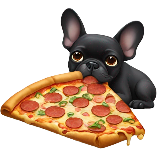 Black French bulldog eating pizza emoji