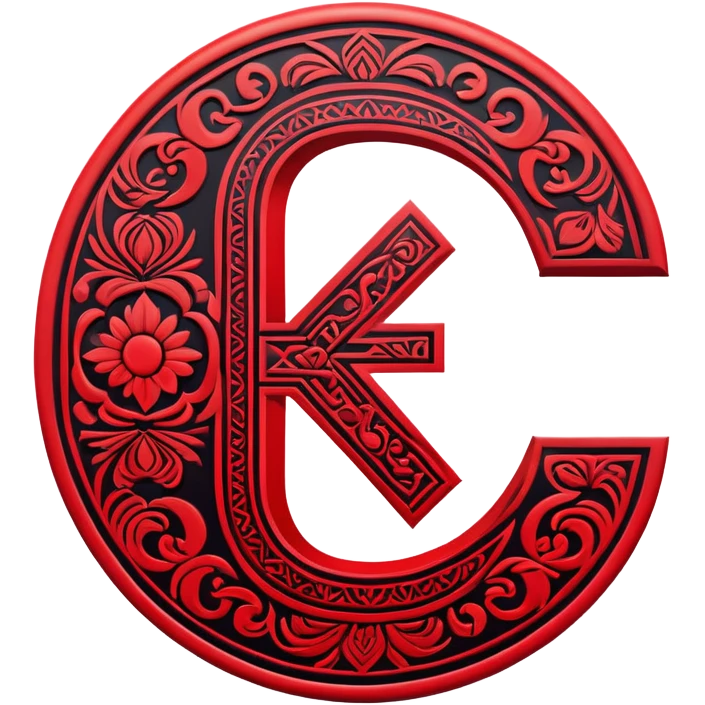 Russian ruble currency symbol (₽) decorated with traditional Udmurt folk patterns, geometric ornaments in red and black colors, symmetrical design emoji