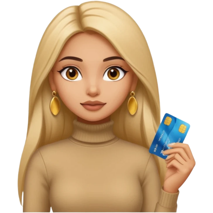 a pretty bratz fair indian girl wearing a beige turtleneck, golden earrings, straight ling hair, holding bank cards emoji