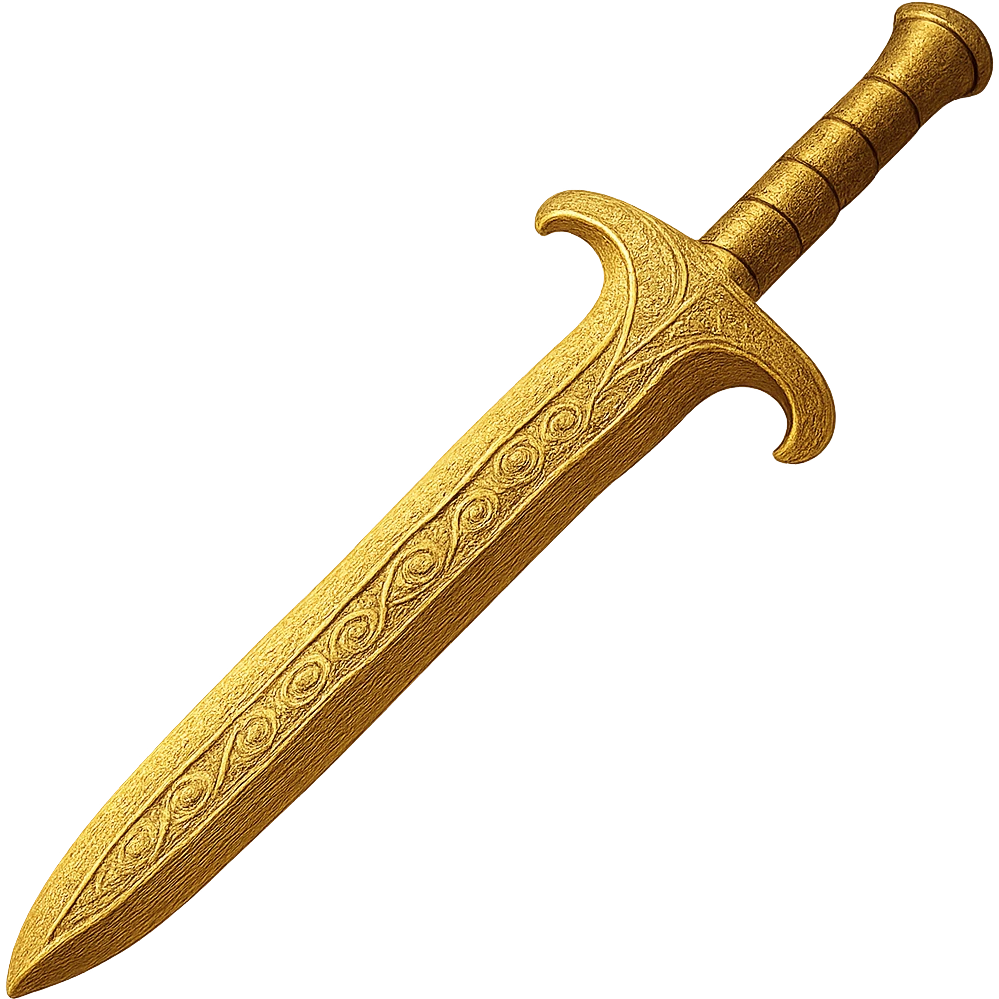 Recolor the sword to a rich, metallic plated gold color with ornate engravings inlaid with bright, reflective silver. Keep the exact shape and proportions of the original sword. The background should be transparent. The style should maintain the original look of the sword. emoji