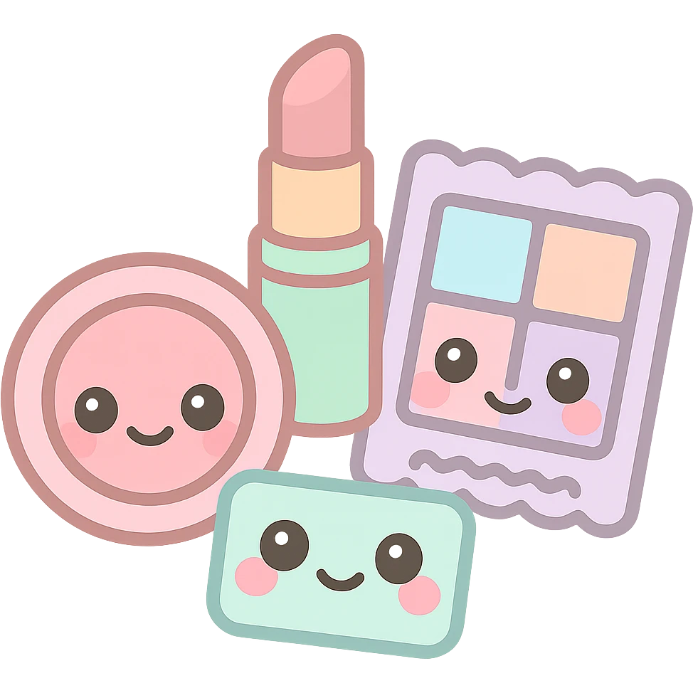 Canmake cosmetics brand inspired emoji, featuring cute makeup items like blush, lipstick, and eyeshadow, with a soft pastel color palette and kawaii style facial expressions emoji