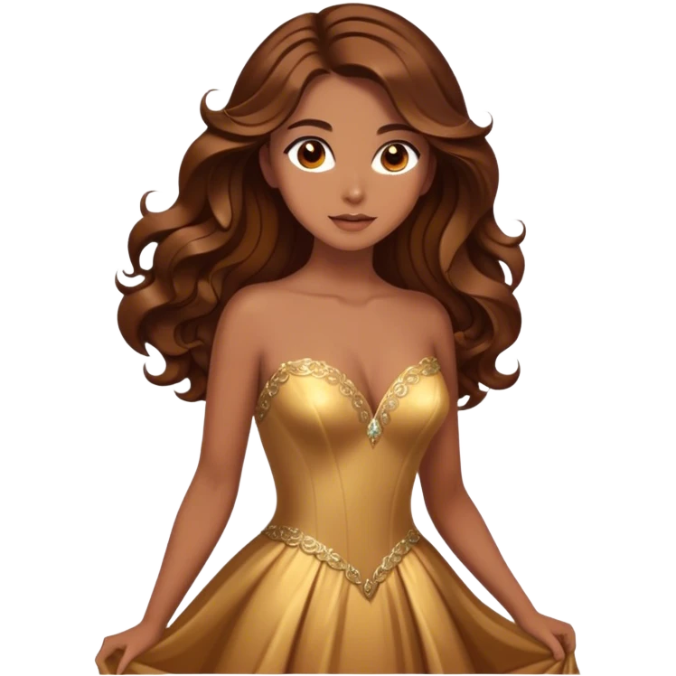 Cinematic Stunning Belle Portrait Emoji, Deep brown eyes full of curiosity, long chestnut hair flowing in soft waves, wearing her golden ballroom gown, glowing with warmth and elegance, a princess whose beauty is as radiant as her mind! emoji
