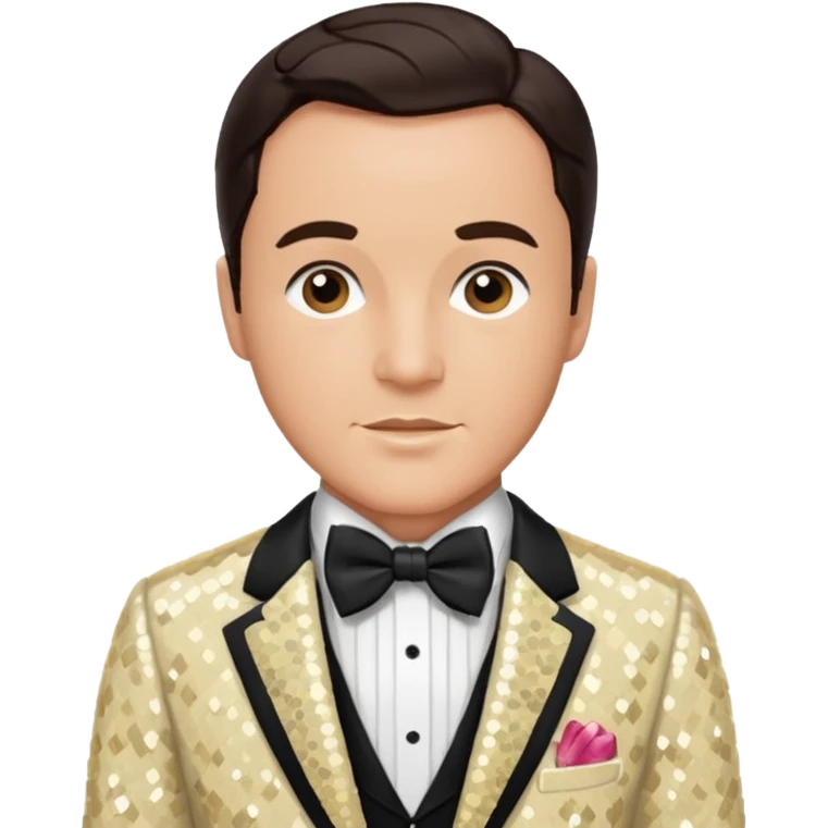 Gene Kelly with dark brown hair, cream sequin suit with bow tie emoji