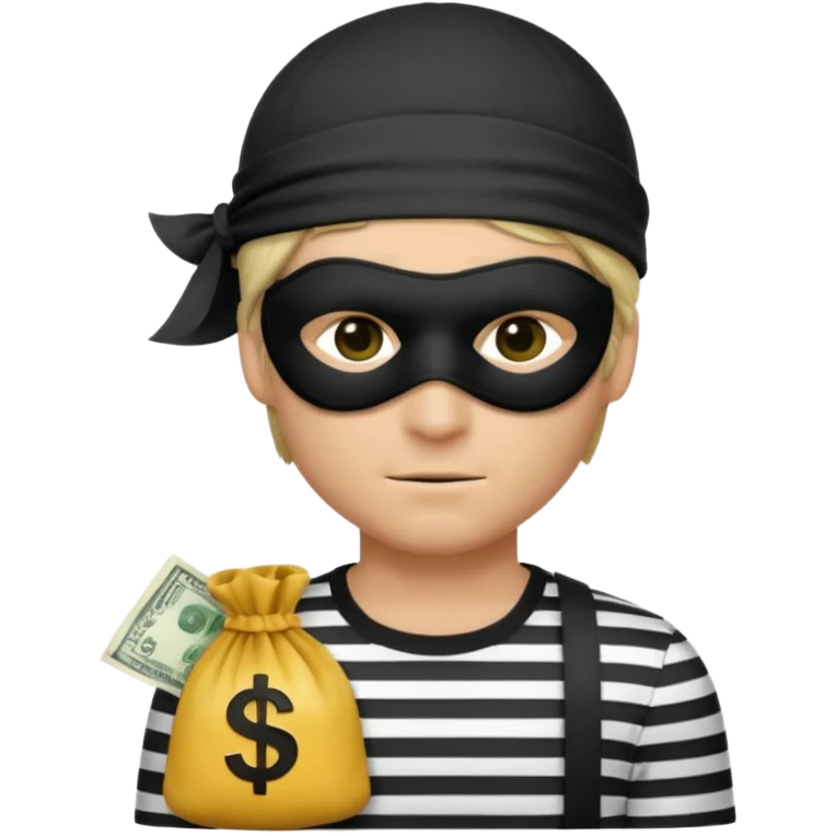 a short ios emoji-style portrait of a classic burglar, a black eye mask (looks like a blindfold) and a black-and-white striped shirt. emoji-like hair, black hat, ONE bag of money 💰 with a dollar sign in a right corner emoji