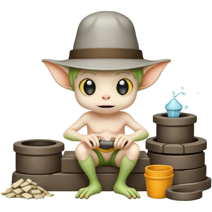 Mini sewer gremlin building little mess stacks on a bench in a manhole emoji