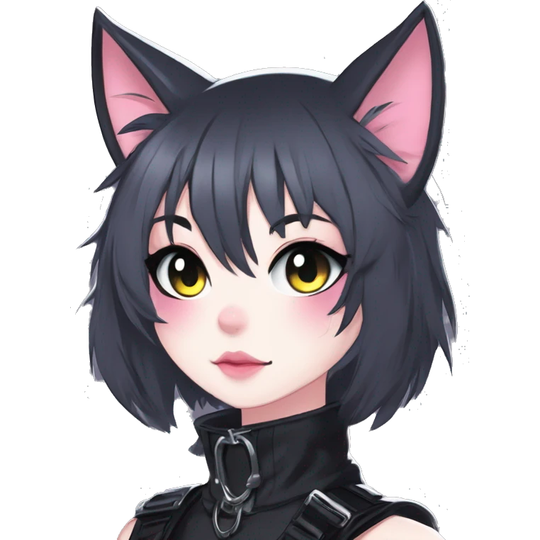 Gorgeous gothic dark techwear anime style anthro black cat furry with blushing face aesthetic and pretty edgy black with collar and harness trending style emoji