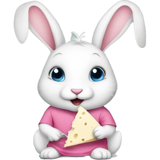 Cute rabbit: a white rabbit wearing a pink shirt . Eating a gorgonzola cheese emoji