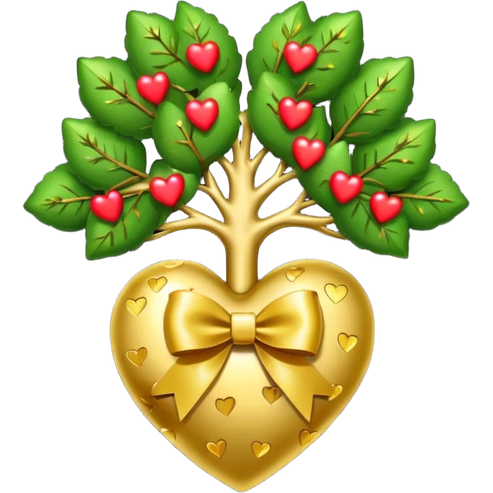 heart with a tree, gold bow with heart pattern on the bow, apple emoji style emoji