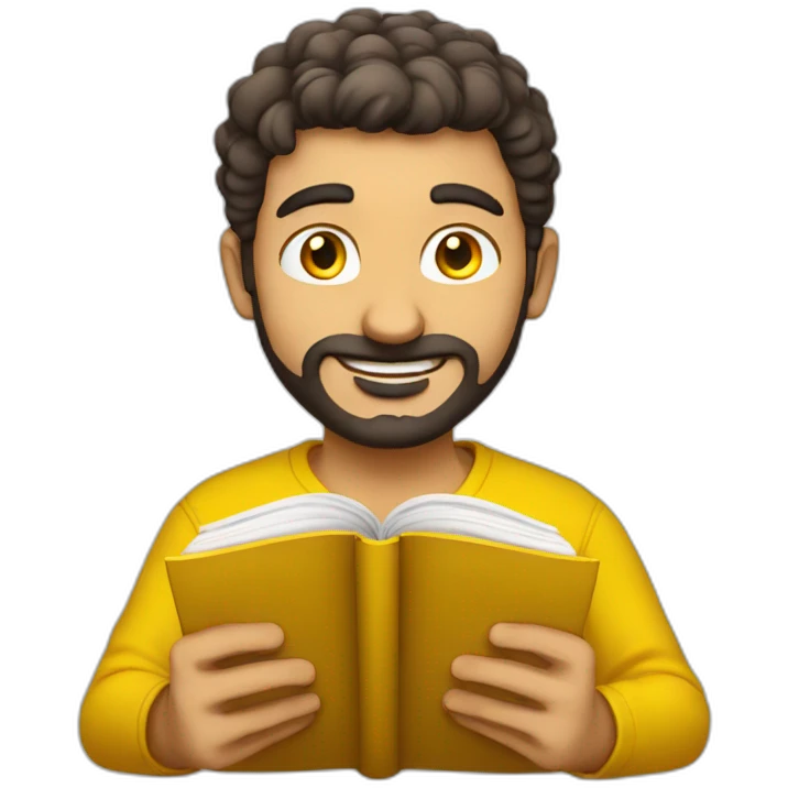 Armenian men with the yellow clothes reading book and looking at camera and smiling  emoji