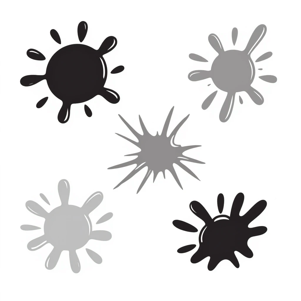 Colorful paint splatters, drips, and splashes in various shapes. Using specific pastel colors (dd9fb0, ffc6d3, a3bfc9, c4bee2, f1b091). Hand-drawn doodle style with playful, artistic splatter patterns. Transparent background. emoji
