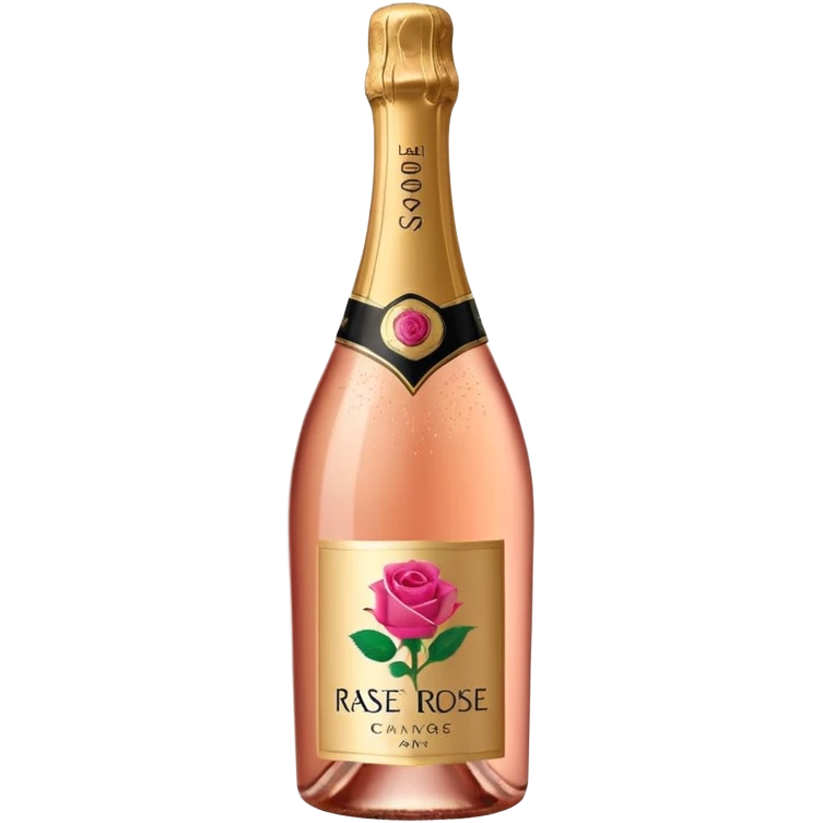 bottle of sparkling rosé champagne with a rose logo on the label, with the cork popping out from the top, tilted up and to the left, no glass emoji