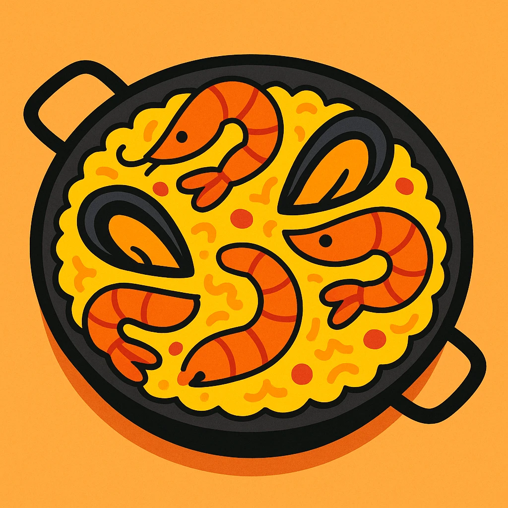 stylized cartoon paella with bright colors, shrimp and mussels visible emoji