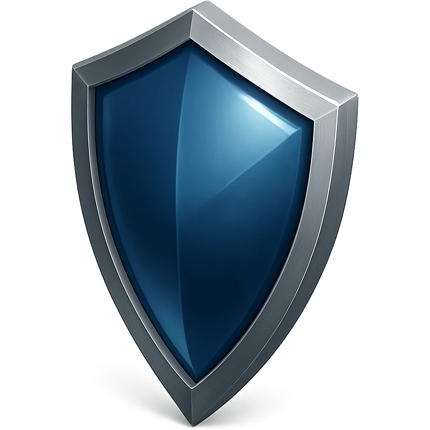 shield with kite shape, very reflective deep blue glass center, metallic border, no symbols, no sword, same perspective and style as reference, no background emoji