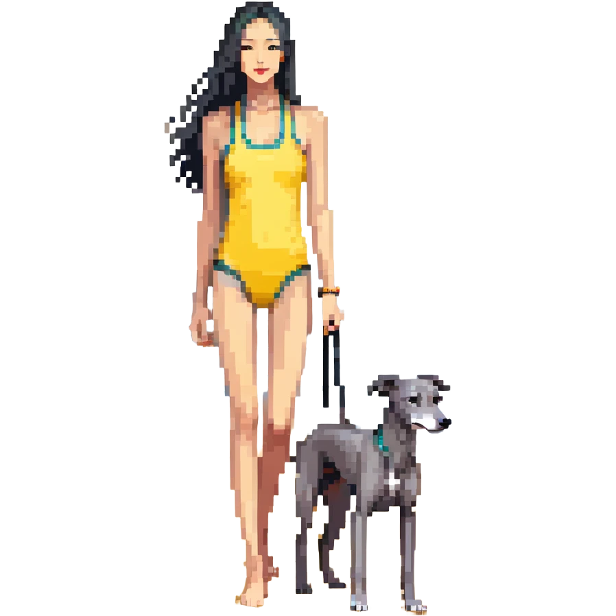 Slim Chinese woman with long black hair in appropriate beach attire at the beach with her completely solid grey Italian greyhound, ocean and sand visible, the dog has absolutely no white markings anywhere emoji