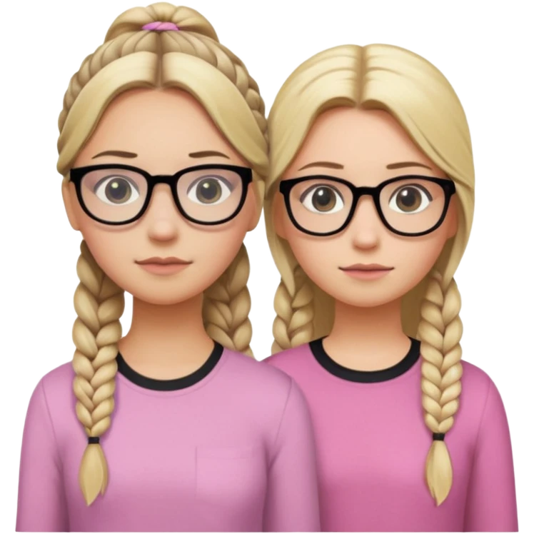 Two girls a taller girl with a black shirt and glasses dirty blonde long hair in a braid and eyeliner, second shorter girl with light blonde shoulder length straight hair with a side part and a pastel pink shirt emoji