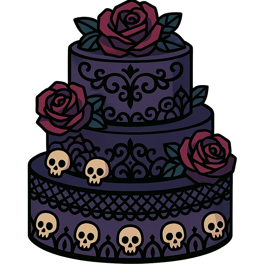 Gothic cake decorated with black lace, dark roses, tiny skulls, and ornate gothic filigree, no background, in a vibrant toon style. emoji
