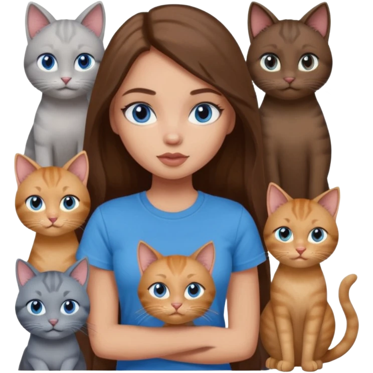 a pretty bratz dusky light skin girl with long brown hair, blue eyes with six cats nd wearing a grey tshirt emoji