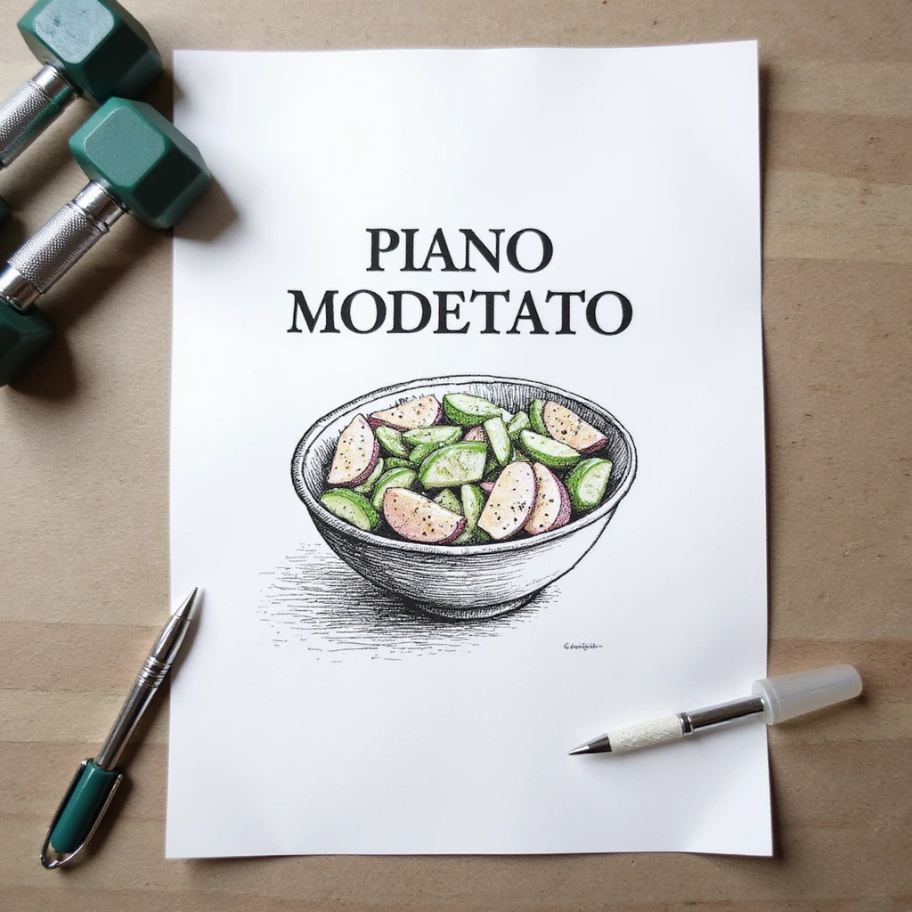 white sheet of paper with the text 'PIANO MODIFICATO', a drawn bowl of salad, drawn gym dumbbells, hyperrealism 4K, no background emoji