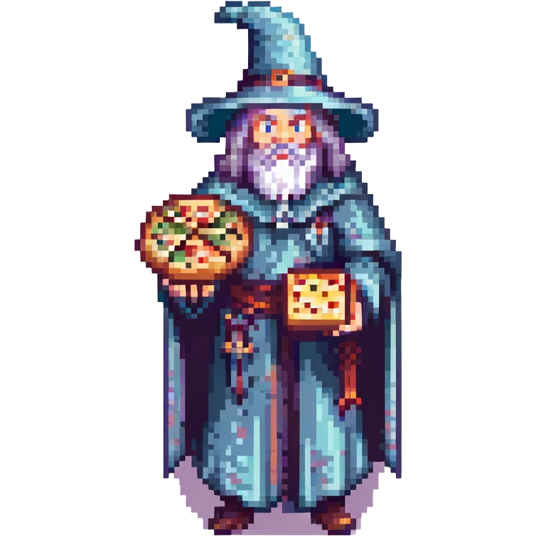A wizard with a pizza in hand, muted colors, retro gaming aesthetic. emoji