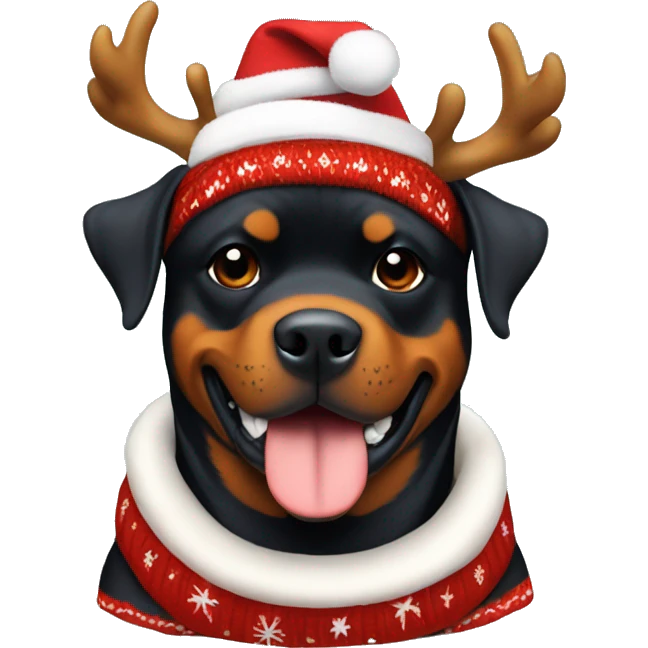 Rottweiler dog sitting in a Christmas sweater, with a headband with deer antlers on his head emoji
