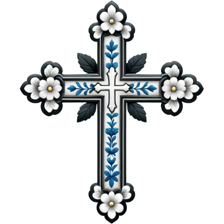 a black and white detailed cross with black and white flower emoji