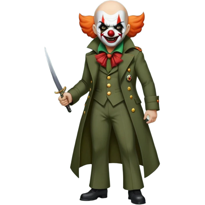 evil clown, bald, small black horns on forehead, fangs, pointed ears, eye patch over one eye, long coat over black and military green leisure suit with bellbottom pants, tail, realistically proportioned, less bulky, full body, battle-ready, fighting posture emoji