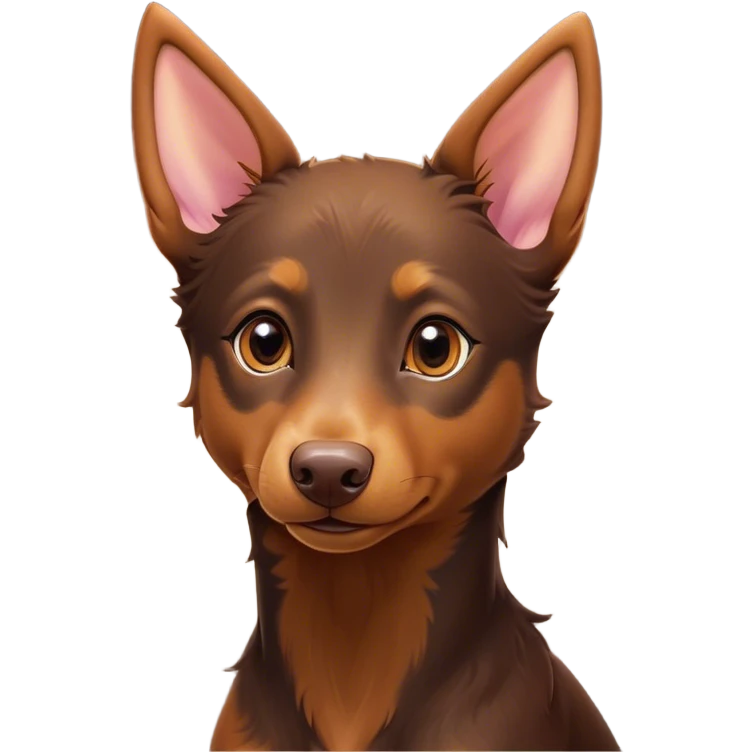 Cinematic Cute Brown and Tan Kelpie Portrait Emoji, Head tilted playfully and inquisitively, featuring a glossy brown Fur with vibrant tan accents, round, sparkling warm eyes filled with curiosity, Simplified yet irresistibly adorable features, highly detailed, glowing with a warm, friendly glow, high shine, affectionate and spirited, stylized with a touch of whimsy, bright and endearing, soft glowing outline, capturing the essence of a mischievous yet loving herder, so playful it feels like it could leap out of the screen and into your arms! emoji