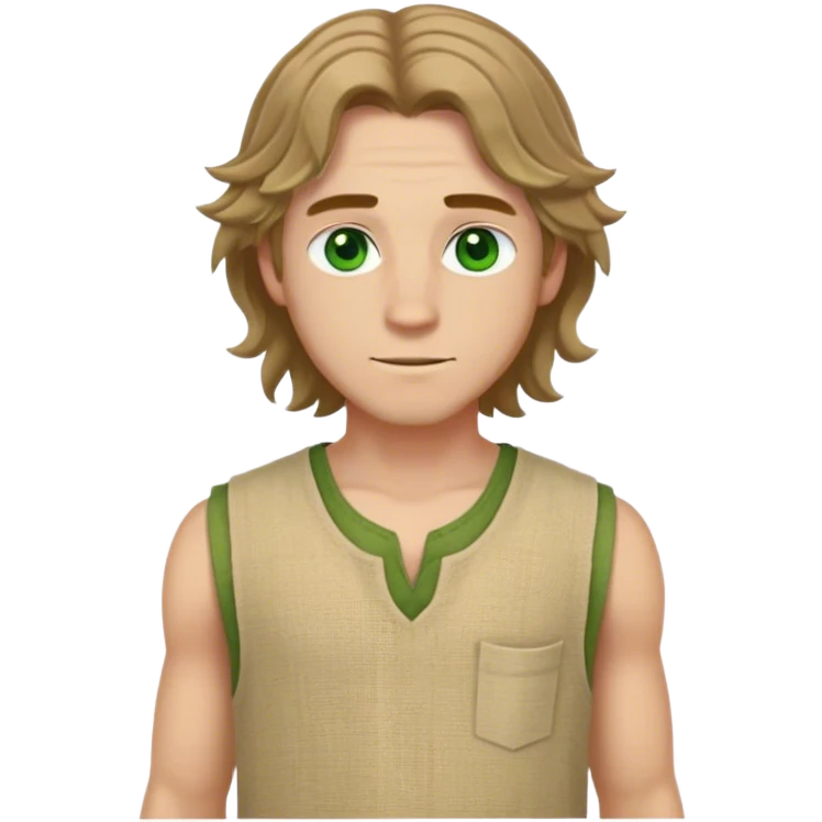 medieval summer outfit worn by a DnD themed fantasy male character. simple sleeveless hemp tunic with a deep round neckline and stitched reinforcements. clothes only above the waist. The clothes full waist. The character's haven't arms. character is white-skinned, light brown hair, green eyes, shoulder-length wavy hair. emoji