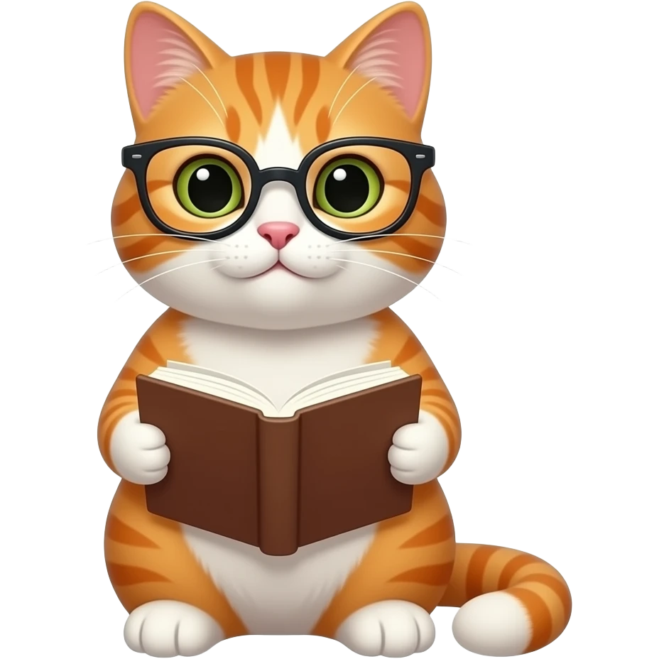 Orange and white cat sitting down with glasses reading book emoji