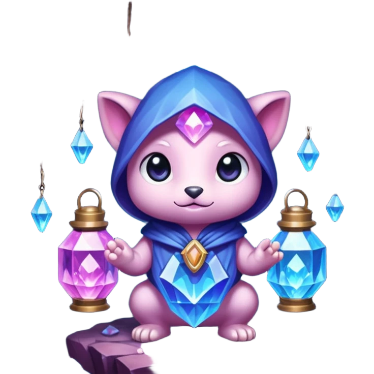 purple, blue, and pink crystal chibi creature holding a lantern inside a crystal-filled cave emoji
