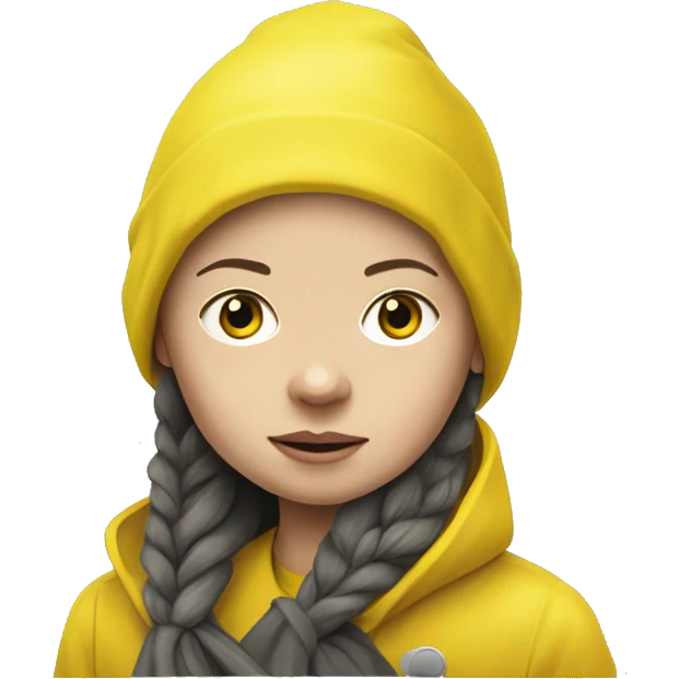 Greta Thunberg with a yellow raincoat ,grey beenie and demonstration sign emoji