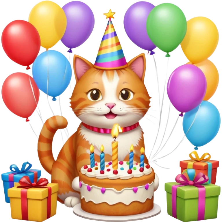 Ginger cat celebrates birthday, birthday hat, birthday cake, balloons, happy, gifts emoji