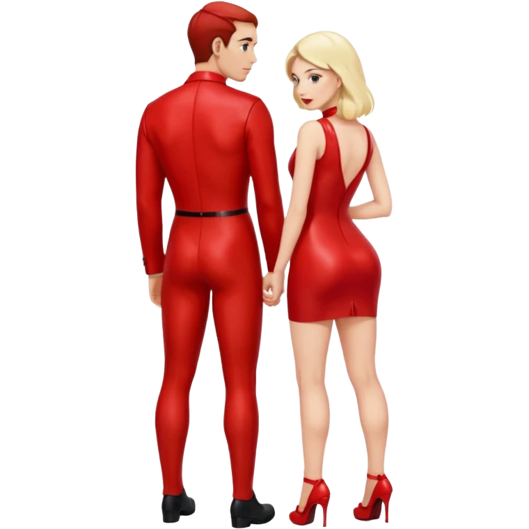 Woman in short red latex dress bent over with a man stood behind her emoji