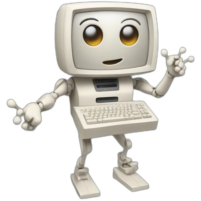 Anthropomorphic computer with arms and legs doing something random emoji