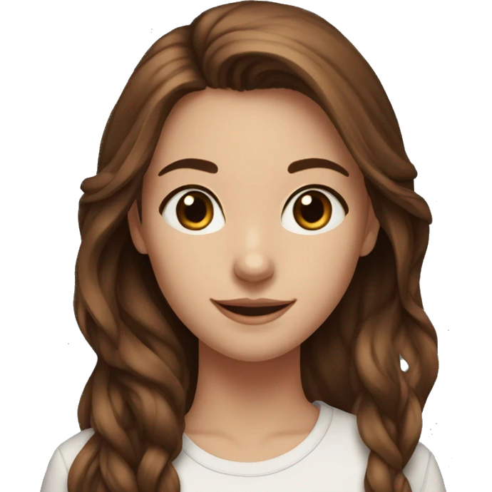 20 year old girl, dark blue eyes, long brown hair out, smiling,  emoji
