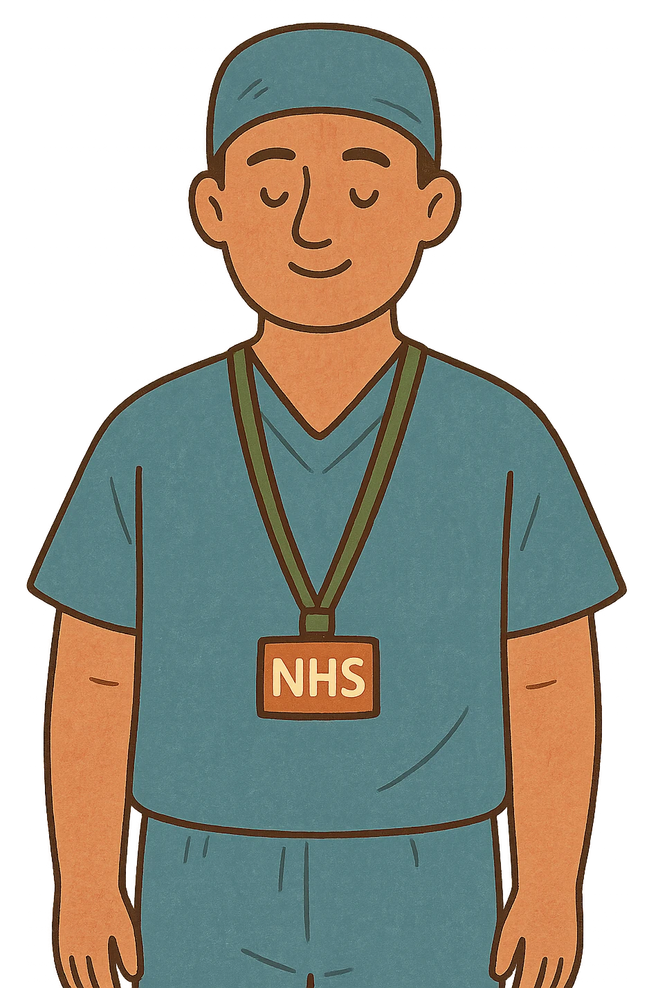 A modern day male surgeon wearing an NHS lanyard and a blue surgeon gown emoji