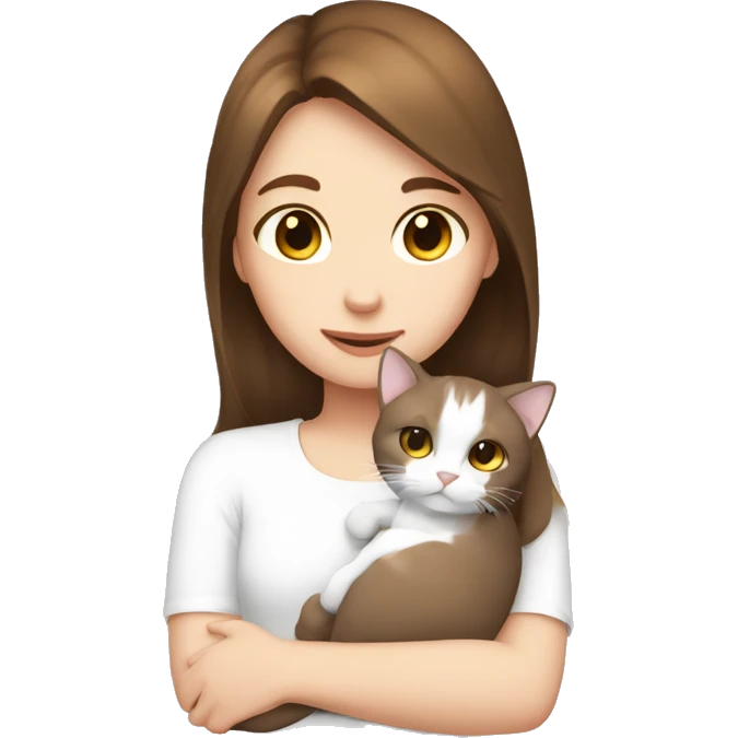 Girl brown hair cuddling white cat  emoji