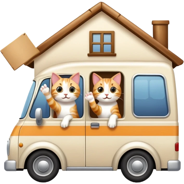 two cats in a moving van waving goodbye to their old house emoji