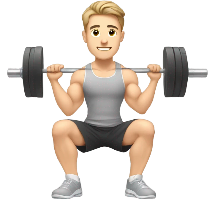Kawaii White man with light brown hair at gym squatting with barbell from side view emoji