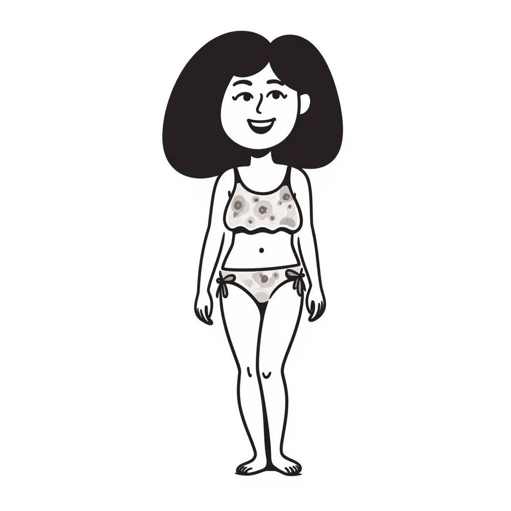 a swimsuit (bikini or one-piece) with playful details, in pastel colors dd9fb0, ffc6d3, a3bfc9, c4bee2, f1b091, detailed hand-drawn doodle style emoji