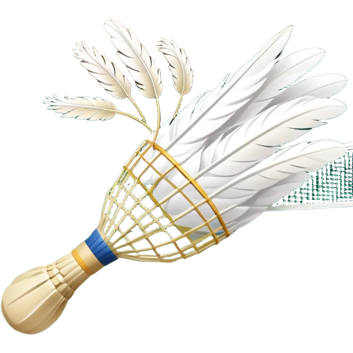 A shuttlecock mid-air above a badminton court, with its feathers spread wide and the background showing a faint outline of a net. The image emphasizes motion and lightness, symbolizing the speed and precision of the sport without players in sight emoji
