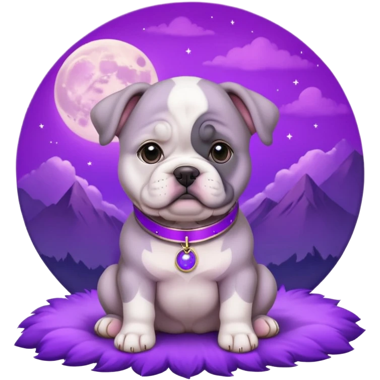 purple moon with a grey bull dog puppy with a purple collar emoji