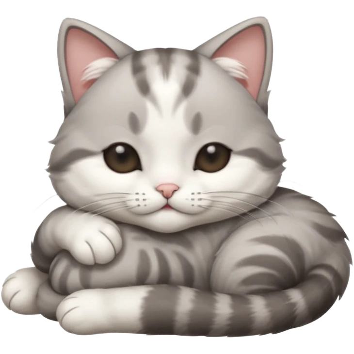 grey and white small cat with its eyes closed lying down with his paw curled under his head holding it up emoji