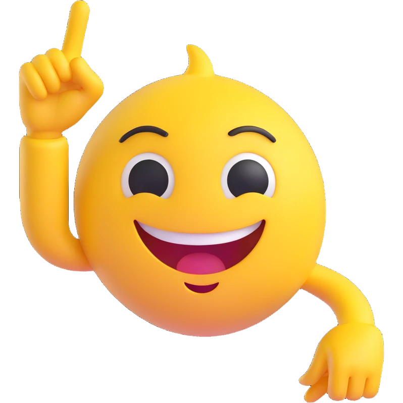 A 2D cartoon-style yellow emoji with a mischievous smile, shaped eyes, and both hands pointing upward with index fingers.  clean digital style, and a fun, dancing expression. Style similar to children’s drawing tutorials, dancing expression. No background, isolated on white.  emoji