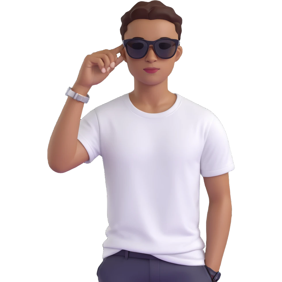 cartoon emoji of Omah Lay wearing a white t-shirt and sunglasses, confident pose, fun and expressive emoji