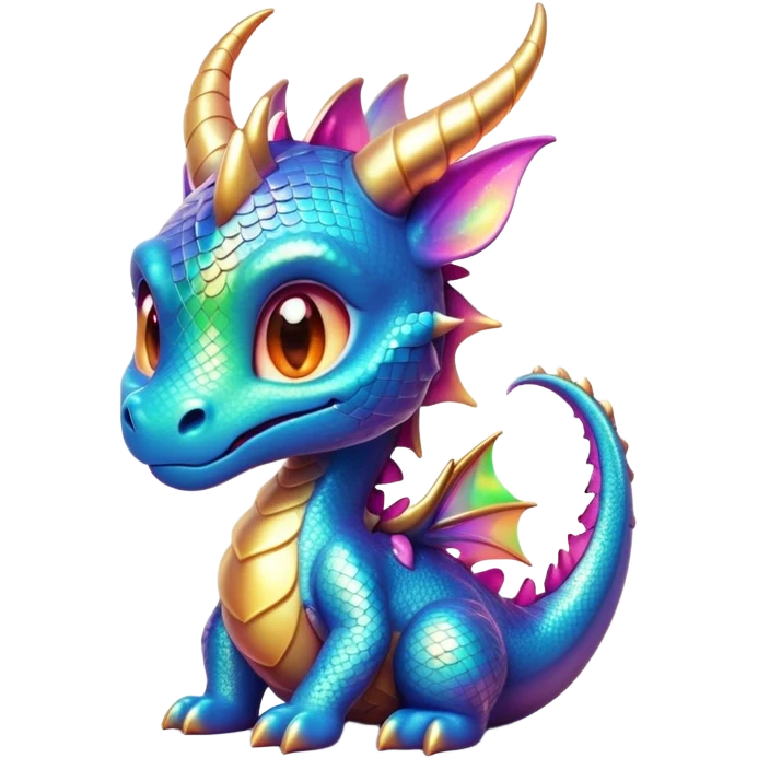 Cinematic Cute Dragon Portrait Emoji, Head tilted playfully and inquisitively, with a sleek, serpentine body adorned in iridescent scales and a charming, expressive face featuring subtle, delicate horns, round, sparkling eyes brimming with curious magic, Simplified yet irresistibly adorable features, highly detailed, glowing with a warm, enchanting glow, high shine, affectionate and mystical, stylized with a touch of whimsical fantasy, soft glowing outline, capturing the essence of a mischievous yet loving dragon that feels like it could slither out of the screen into your arms! emoji