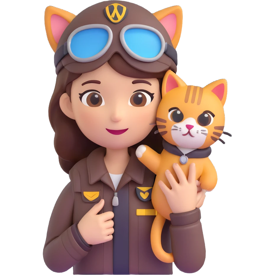 woman sitting in airplane wearing pilot outfit holding a cat emoji emoji