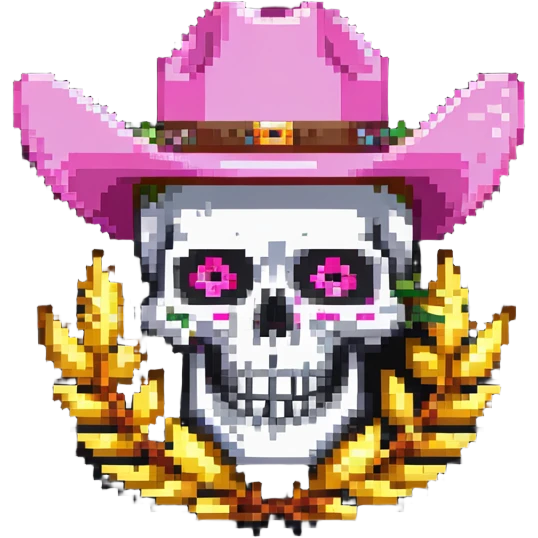 skull wearing a pink cowboy hat with a piece of wheat between its teeth emoji