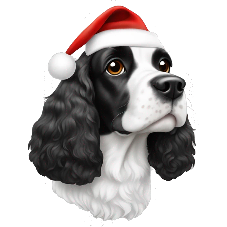 black and white trimed english cocker spaniel with spots on nose and black ears and santa hat emoji
